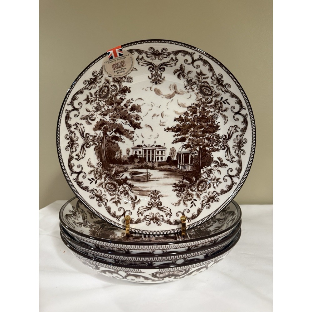 4 Eaton Fine Dining Country Heritage Brown & White 9" Pasta Bowls NEW